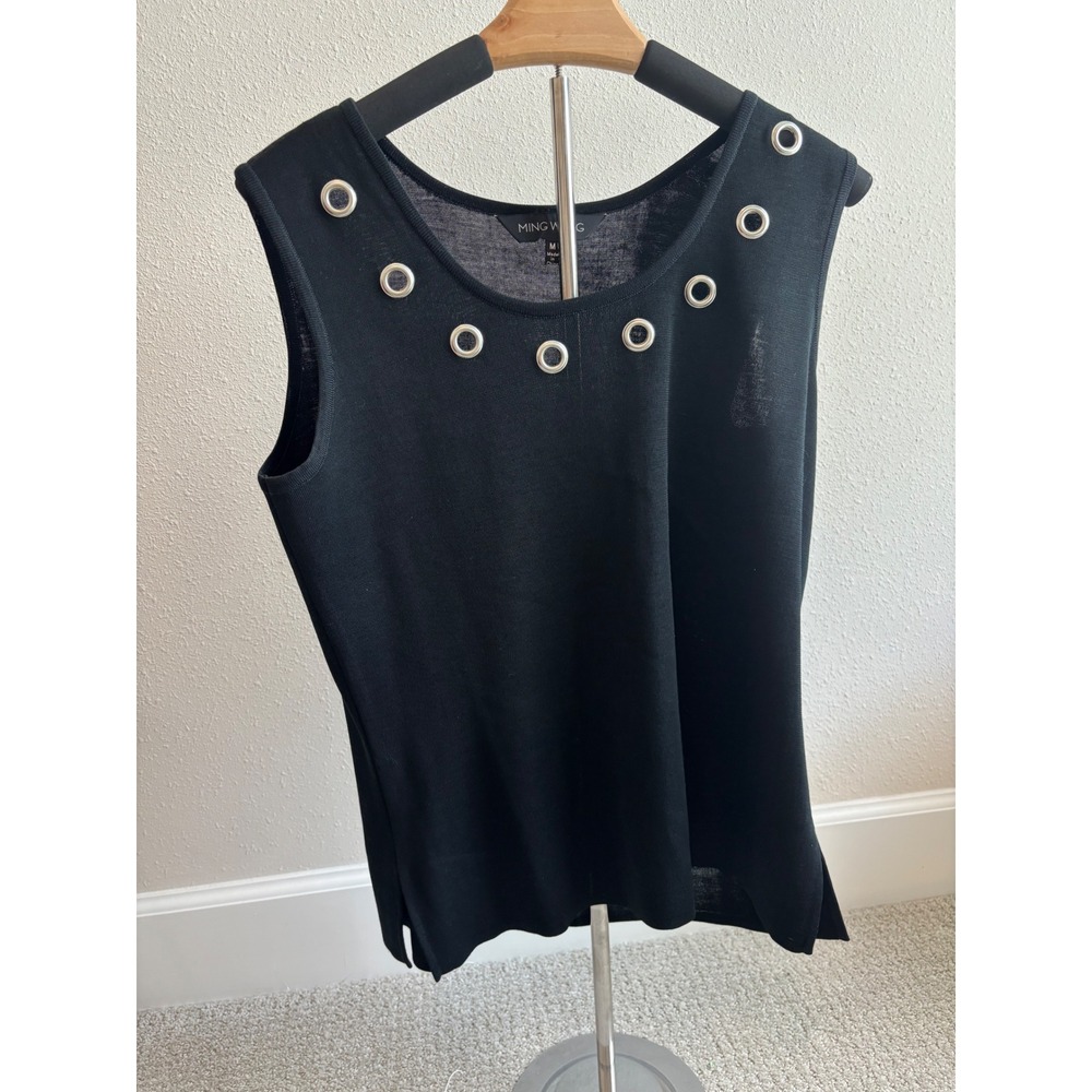 Ming‎ Wang Knit Tank Top Women Size M Black Grommet Neckline Sleeveless Shell